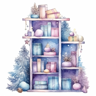 watercolor clipart of a cute vintage bookshelf, sparkles, cosy winter wonderland vibes, isolated on white background
