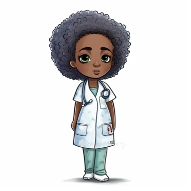 single black woman nurse watercolor clipart in Chibi style. Full body