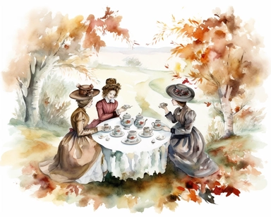 complex watercolor illustration of four victorian women/ladies having a Garden Tea party in a euphoric autumn landscape, cottagecore, in KARL MARTENS style isolated,concept,art,8k,hd,watercolor,detailed,white backround,clipart