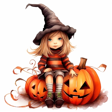 a little cute girl in a five-year-old witch's hat, pumpkin, web, spider, red, brown, style by Lusy Fleming, folk art, watercolor, clipart elements, smooth gradients, black contour outline, ultra detailed, white background, super clear, high quality