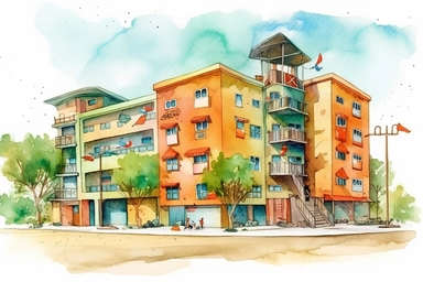 urban scenery, concrete school playground. Pixar childrens book cartoon style, detailed, modern, urban, watercolor, full color, flat color, white background. children book illustration. Watercolor clipart. Pixar animation