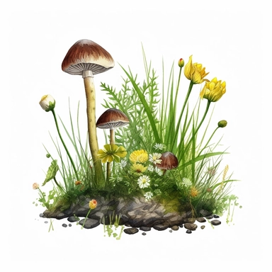 watercolor art of grass tuft with dandelions and mushrooms, in the style of realistic and hyper-detailed renderings, sketchfab, ahmed morsi, realistic watercolor paintings, use of common materials, handcrafted designs clipart