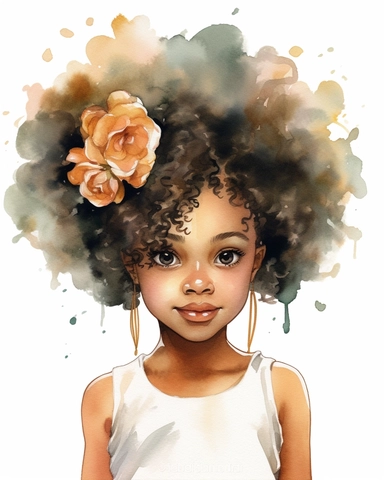 a little afro girl portrait in watercolor Disney style clipart on white background, hugh eyes, sarah kay, holly hobbies, valentines day