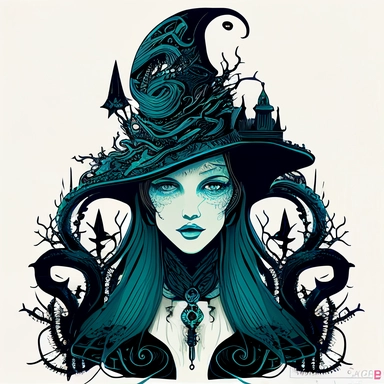 clipart. a beautiful ocean-witch. looking hypnotising straight into the camera. she wears a big high wide witch-hat with a sharp high end on top. her neck is free. in the hat we see a transparent ocean elements.she is surrounded by water and water-snake. white background. in a gothic intricate fantasy mystery style. no caption. Cyan purple watercolour