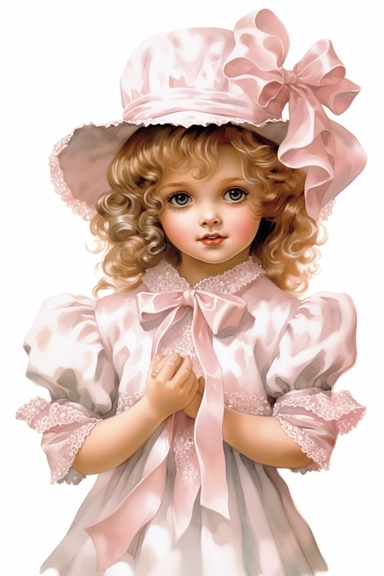 Delicate little girl in a pastel pink lace dress with puffed sleeves and a satin ribbon belt. Her head is adorned with a matching bow bonnet. Pastel clipart, white background
