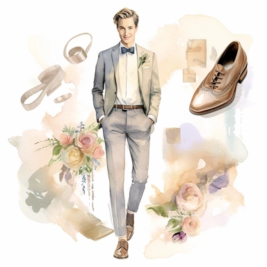 wedding watercolor graphics, subtle neutral pastel tones, sparklecore, embossed paper, Create a dashing wedding clipart featuring sleek and polished groom's shoes, exuding a sense of style and refinement, completing the groom's ensemble for a truly memorable wedding celebration, candid, multi-layered