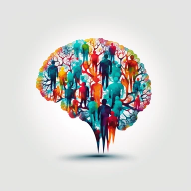 a logotype of a human brain with a group of people inside as a clipart with white background.