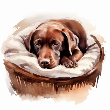 watercolor clipart image, chocolate labrador retriever sleeping in dog bed, white background