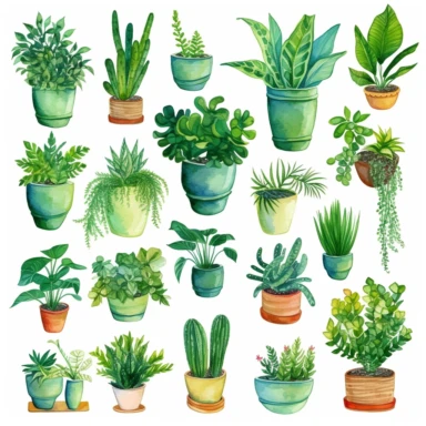 Watercolor House Plants Clipart. Indoor Plants Elements. Monstera, Cactus Illustration. Boho Home Decor Clipart. Home green garden. Plants in pots