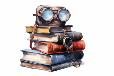 watercolour steampunk vintage stacked book with goggles clipart, hd, isolated on white background, spaced out