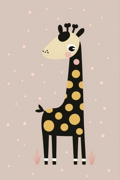 <https://s.mj.run/ngGVDeMVa8U> Mary Blair style, minimalistic nordic style single clipart, single lovely cute funny black Giraffe playing, minimalistic pastel pink color palette,
