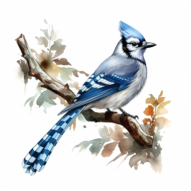 realistic watercolor painting of a blue jay bird standing on a tree branch, all against a clean white background, clipart