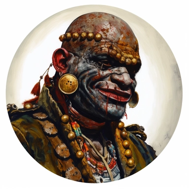 Martin Johanna's painting depicting an Irish Persian orc orcish regency orientalism noble soldier, Amoako Boafo Mad Max Lord of the Rings, handpainted punk zine indie retrowave film poster, clipart illustration, circle white background, circular border