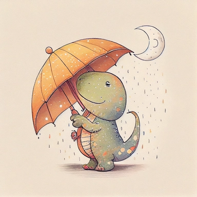 children's book illustration of a cute dinosaur holding an umbrella, moon, smooth watercolor details, in the style of Pixar, superb color, outline, nursery art, popular on pinterest, clipart, trending on artstation, minimalist, flat design, white background, insane deails, intricate details
