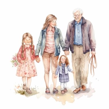 grandfather and grandmother holding the hands of 2 little girls, one 16 years old and the other 1 year old, the litlle girls are between them, watercolor, clipart, white background