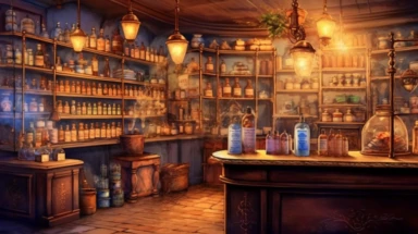 illustration, night time, realistic interior of a vintage bengalore 1896 perfumery and pharmacy with some perfume boxes incense boxes, atmospheric night time with ambient lamp lighting, Clipart, watercolor, realistic, full building, highly detailed, hdr, 32K, photo expert quality, watercolor realistic, hyperrealistic and highly detailed