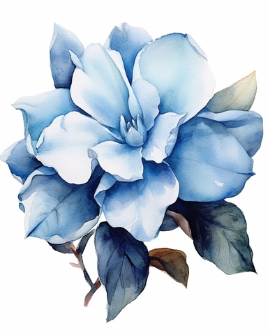 detailed watercolorart big blue gardenia head no leaves , isolated on white background, realistic, clipart