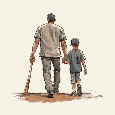 behind view, baseball dad and son with baseball bats and caps, full body, hand draw Illustration clipart, 4K, extremely detailed