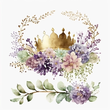 line of purple and lilac watercolor flowers with a simple clipart princess crown on top, watercolor gold, green, purple, white background