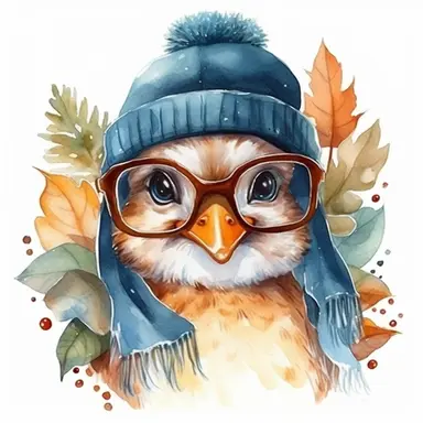 Cute duck BABY WITH GLASSES AND CAP, BIG BEAUTIFUL SHINNING EYES, HEAD TWISTED DOWN TO THE SIDE, Watercolor Little Animals Clipart, LEAVES AND TREE , winter
