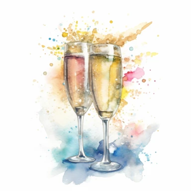 Wedding Toast Clipart: This watercolor piece illustrates a memorable wedding toast, with champagne bottles and flutes raised in celebration. soft pastels