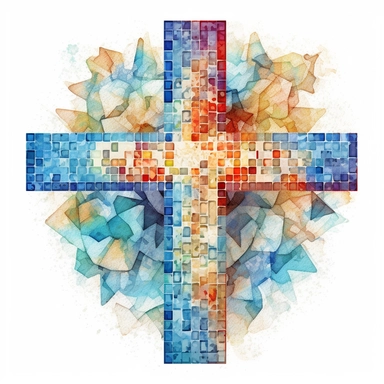 watercolor of a mosaic christian cross, high quality, detailed, realistic, digital illustration, white background, HDR, rtx on,textural richness, digital illustration, clipart