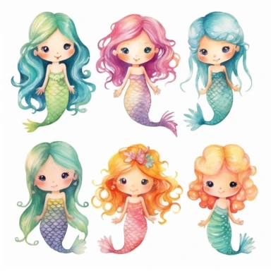 very simple watercolour childrens book style drawing of different isolated happy cute mermaids , pastel colours soft on white background for clipart, 8k