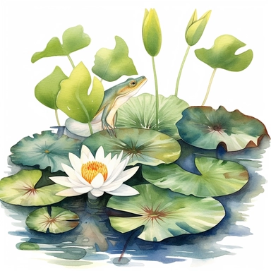 Watercolor Lily Pond Clipart, lily pad and frog pond, CLIPART, fish and birds