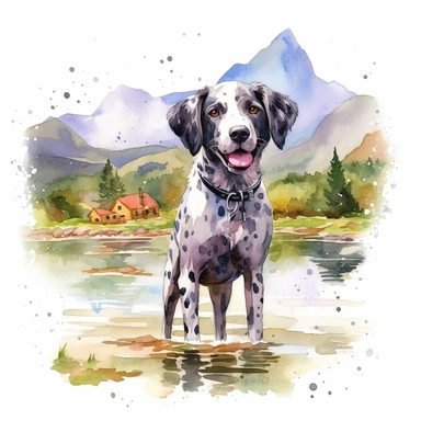 Painting and Illustration Watercolor Print Portrait of Dog Walking in Water with Mountain Behind Him Wall Art Clipart Printable Art Watercolor Painting Watercolor Appaloosa Mountain Dog Art Udal Art for Commercial Use