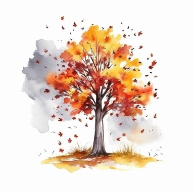 watercolor style, autumn tree in the part with falling leaves, clipart isolated on white background, 4K