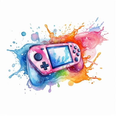 Watercolor Handheld gaming console , splash art, rgb colors, isometric, clipart, white background