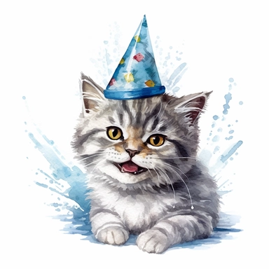 watercourse painting smiling cat wearing a birthday hat, clip art