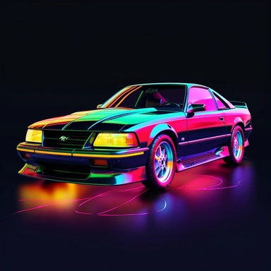 1995 Ford Mustang, bold colors, retro neon style, photorealistic, high-resolution photography, transparent background PNG clipart – ar 16:9