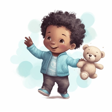 a cute little black baby boy in baby blue clothes, dancing with a teddy bear, soft illustration, clipart,