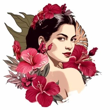 mexican woman with a Hibiscus mahagony meets botanical vintage themed clipart with goodess like with a Hibiscus