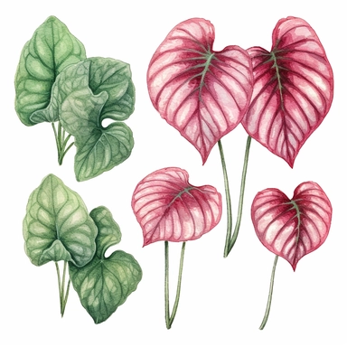 Clipart, vintage, watercolor, Common caladium illustration, hand drawn, texture