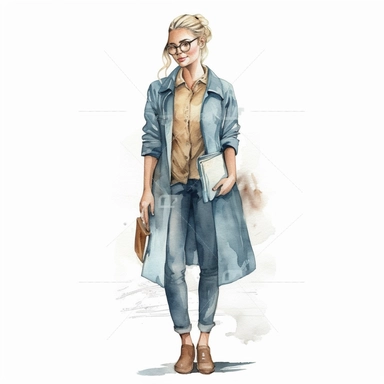watercolour clipart of a beautiful woman class teacher, full length, high quality, very high details , white background