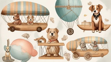 Wood dog Pilot Clipart, balloon with a basket , Aviator Clipart, cute sweet dogs Illustrations vintage