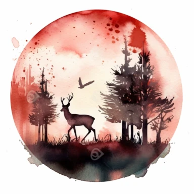 clipart style, watercolor scene of An enchanting depiction of the Lunar Eclipse in its partial phase, with the moon partially obscured by Earth's shadow. The inclusion of silhouettes of wildlife, such as birds or deer, further adds a sense of harmony between nature and the celestial event, HD, on white background