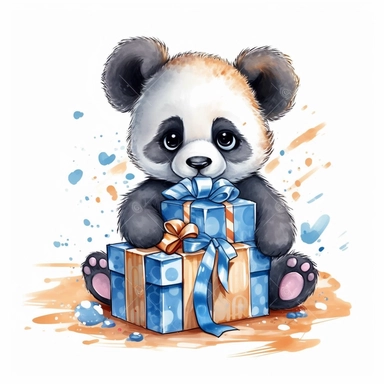 happy baby panda birthday illustration clipart, detailed, outline, white background, 4k, digital art