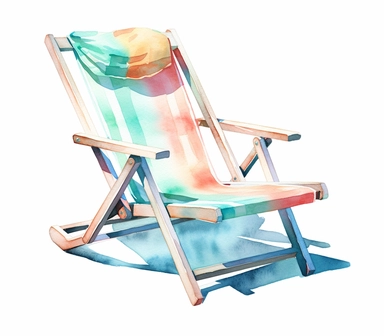 watercolor colorful cartoon pool chair, clipart, in the style of soft and dreamy pastels, kate van suddese, on white background with margins
