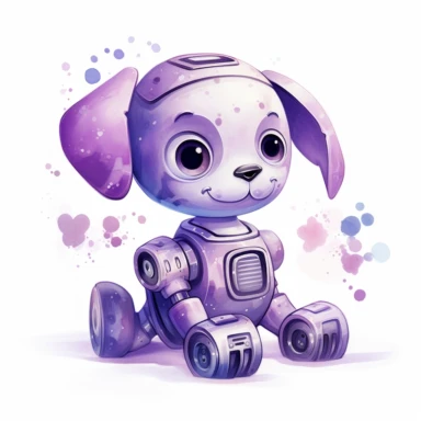 watercolor kawaii purple robot dog clipart on a white background