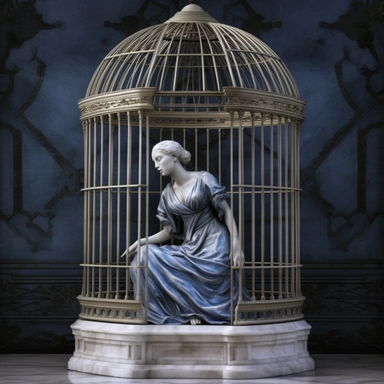 full length full figure marble portrait A woman once sat in a gilded cage, Her spirit blue, her heart filled with rage, For she longed to soar, to fly and be free, To unleash her creativity for all to see. But she was bound, her wings clipped tight, And though she fought with all her might, The bars of her cage held her in, And she felt like she would never win. So she retreated into her mind, Where her thoughts and dreams intertwined, And she created a world that was all her own, A place where 