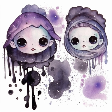 watercolor funny create kawaii marbled black ,silver, purple chibi school spirit clipart, isolated on white background,space out--ar3:2--s1000