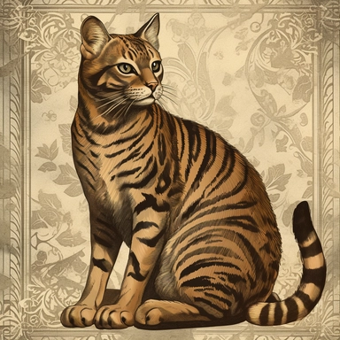 Design a vintage-style clipart of a tiger cat, depicting the feline in a traditional yet elegant pose. The clipart should showcase the tiger cat's distinctive stripes and regal stance, using muted colors and textured details to create an antique aesthetic. Consider adding subtle embellishments such as ornate framing or filigree accents to give the clipart a classic and refined look.