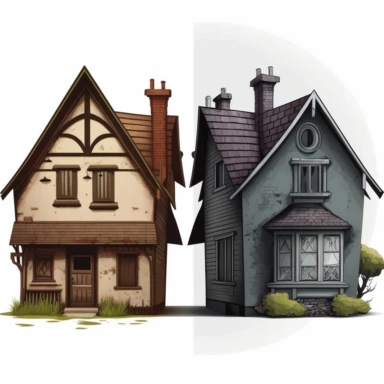 a clipart of two houses that look the same, however one is new and one is old and ugly, white background