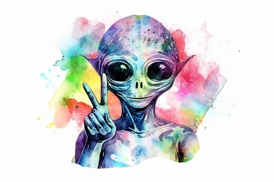 alien giving a peace sign, colorful vibrant watercolor clipart
