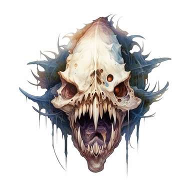 scary face of a fish skull demon with disgusting teeth, watercolor, ultra high-detail, dark outlines, white background, clipart