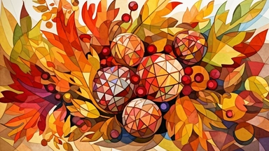 watercolor fall illustration. autumn leaves, sunflower, maple leaf, rowan berries, oak, acorn arragement. thanksgiving clipart , cubism art style, high quality, high resolution, clean detailed
