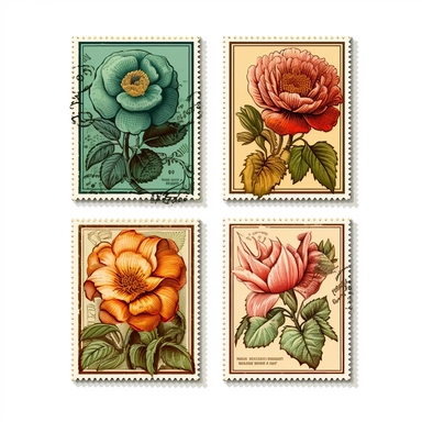 a set of four vintage floral stamps, collection, with margins, clipart, isolated on solid white background